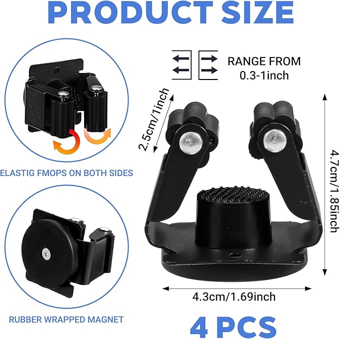 4 Pcs Magnetic Broom Holder, Mop and Broom Holders Wall Mount Heavy Duty Anti-Slip Magnetic Tool Holder with Rubber Grippers for Garage Laundry Kitchen RV Accessories