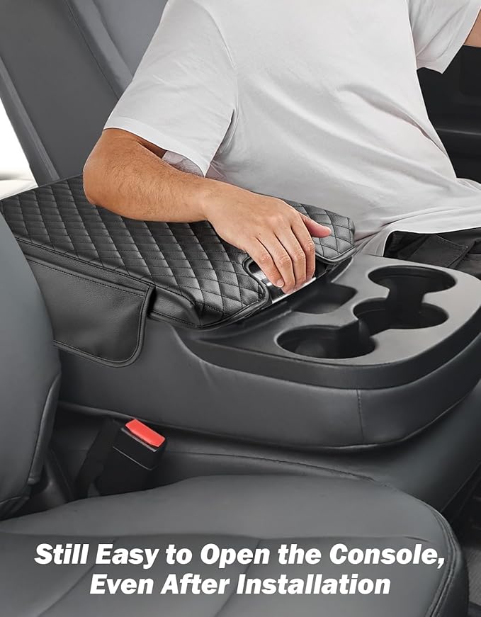 JOYTUTUS Center Console Cover Compatible with 2013-2018 Ram 1500 & 2013-2025 Ram 2500/3500/1500 Classic Model Jump Seat, Leather Arm Rest Armrest Cover for Car, Middle Console Cover Lid, with 2 Pocket