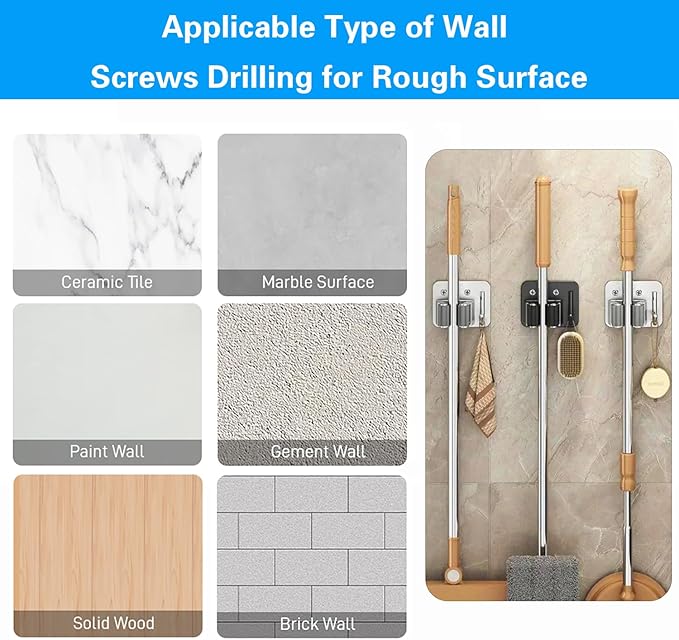 5 Pack Broom Holder Heavy Duty Stainless Steel Broom Hanger with Hooks Screw Drilling Rust Resistant Mop and Broom Holder Wall Mount for Bathroom Kitchen Laundry Room Garage - Silver