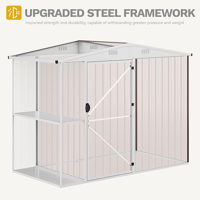 DWVO 8 x 4 ft Outdoor Storage Shed with 2-Tier Shelf, Metal Tool Shed & Garden Storage Cabinet for Backyard, Patio, Equipment & Bike, Brown