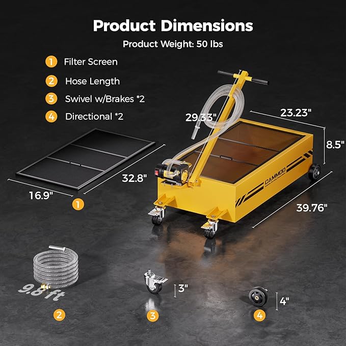 25 Gal Electric Oil Drain Pan, 110V High-Flow Pump, 9.8 FT Hose, 200 W Motor, 2 Locking Swivel Casters and 2 Directional Wheels Stable, Folding Handle, Heavy-Duty for Trucks, RVs, SUVs, Yellow
