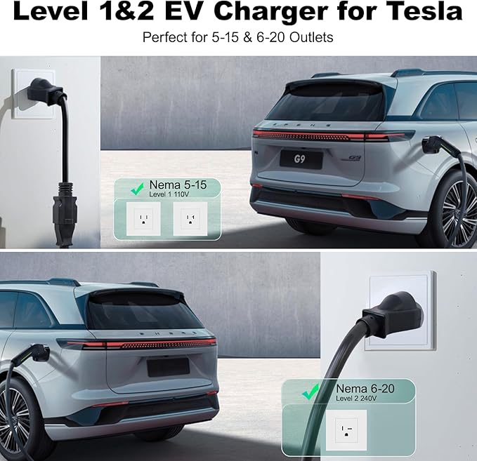 Level 1/2 EV Charger for Tesla 16Amp, Electric Vehicle Portable Charger with 20FT Cable, 3.5KW Home EV Charging Station for J1772 Electric Cars,110V-240V, NEMA 6-20 & NEMA 5-15 Plug