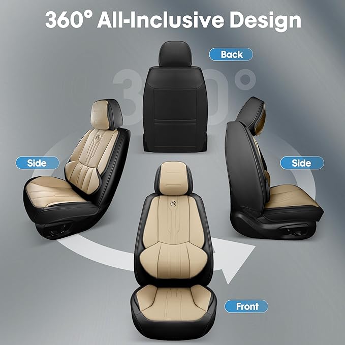 AOOG Front Seat Covers, Car Seat Covers Front Seats, Leather Seat Covers for Cars, Waterproof Seat Covers with Lumbar Support Universal Fit for Most Cars SUV Trucks(Front Pair, Beige&Black)