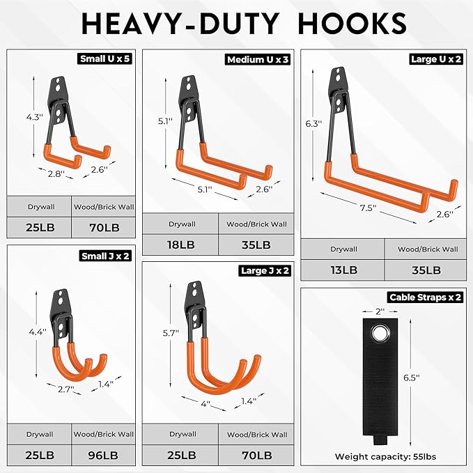 BONTEC Heavy Duty Garage Hooks, Anti-Slip Coated Black Steel with Strong Load Capacity, Multi-Sized U and J Hooks, Easy Wall Mount for Garage, Garden, Workshop (Orange, 16 Pack)