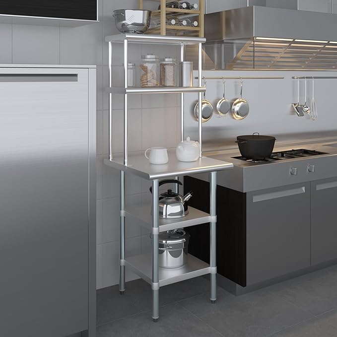 Amgood Stainless Steel Work Table with 2 Shelves | Metal Kitchen Prep Table & Shelving Combo (24" x 24" Table with 2 Shelves + 12" Overshelf)