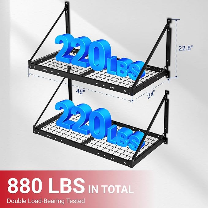 FLEXIMOUNTS 2-Pack 2x4ft Garage Wall Shelving with 4 Hooks - Heavy Duty Garage Storage System, 440 lbs Load Capacity with Brace Guardrail, Wall Mounted Organization for Bikes, Tools, Bins