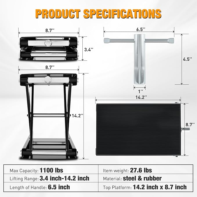 Nilight Motorcycle Lift Jack 1100 LBS Motorcycle Scissor Jack Stand Lift with Wide Deck Crank Handle 3.4"-14.2" Steel Scissor Hoist Garage Repair Lift Table Jacks for Motorcycles ATV Dirt Bike, Black