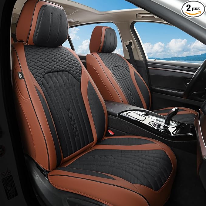 Car Seat Covers Full Set, Leather Seat Covers for Cars, Car Seat Protector Waterproof, Non-Slip Car Interior Covers Fit for Most Cars, SUV, Vans, Trucks,2Seaters,Full Set,Brown-Black,COMFDRIVE-A03