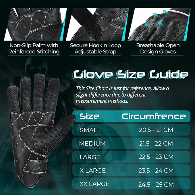 aasportx Motorcycle Gloves - Men's Leather Motorbike Gloves with Touchscreen Function - Non-Slip Pads for Men & Women
