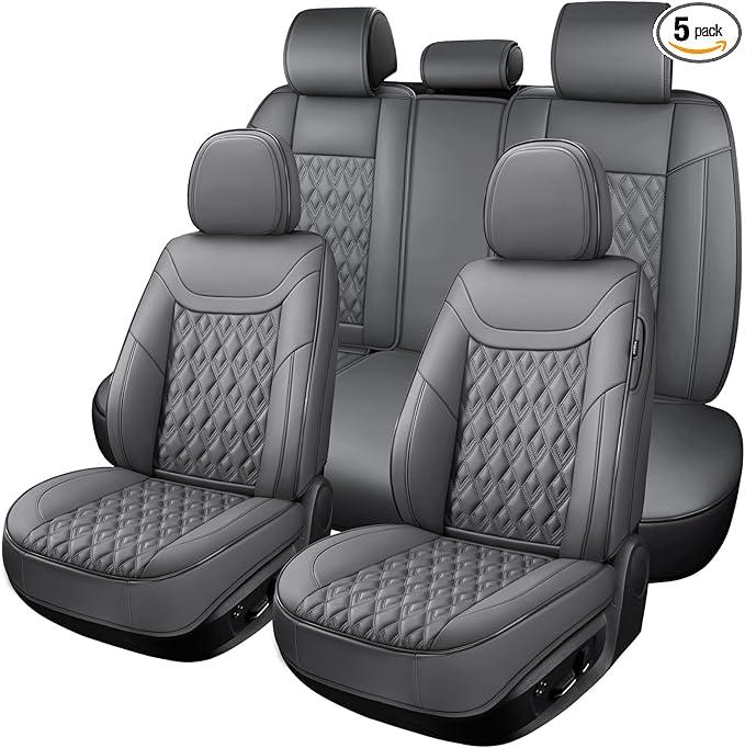 Car Seat Covers Full Set, Leather Seat Covers for Cars, Car Seat Protector Waterproof, Non-Slip Car Interior Covers Fit for Most Cars, SUV, Vans, Trucks,5Seaters,Full Set,Gray