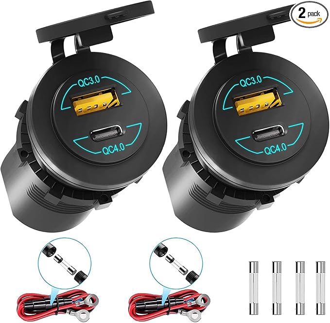 2 Pack 12V USB Outlet - 90W(Max) Dual Ports QC4.0 PD & Quick Charge3.0 Car Charger Socket with LED Indicator - Waterproof USB C Port for Car Boat Marine Motorcycle RV Truck ATV Golf Cart