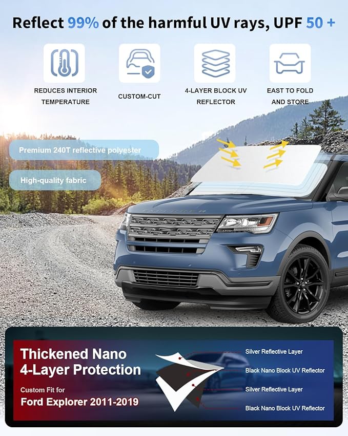 Windshield Sun Shade for 2011-2019 Ford Explorer SUV, ST XLT, Limited, Platinum Accessories Foldable Heat Shield Protector Block UV Ray Keep Your Car Cooler