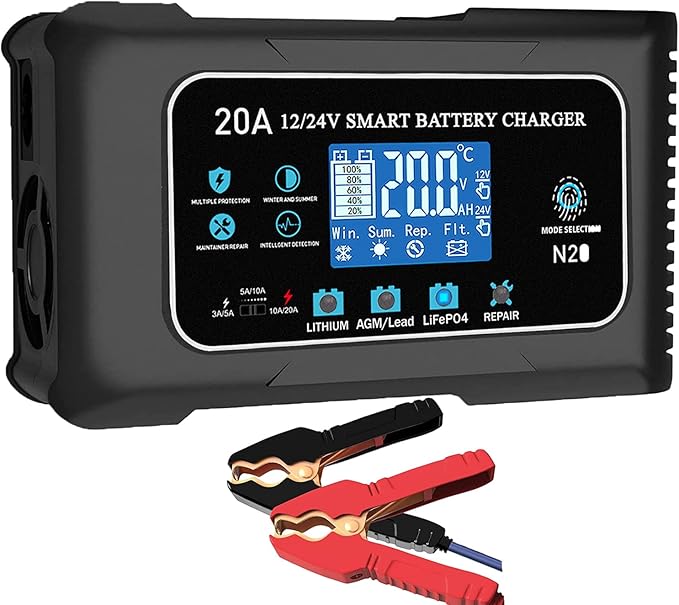 20-Amp Lifepo4 Lithium AGM Gel Smart Battery Charger, 12V/20A 24V/10A Trickle Charger, Maintainer for car Boat Motorcycle, Lawn Mower
