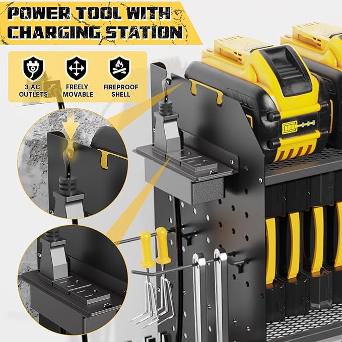 45" Large Power Tool Organizer Wall Mount with Charging Station - 3 Layer Storage Racks with 8 Cordless Drill Holder, 4 Hooks, Heavy Duty Garage Tool Organizer Storage for Workshop Pegboard Basement