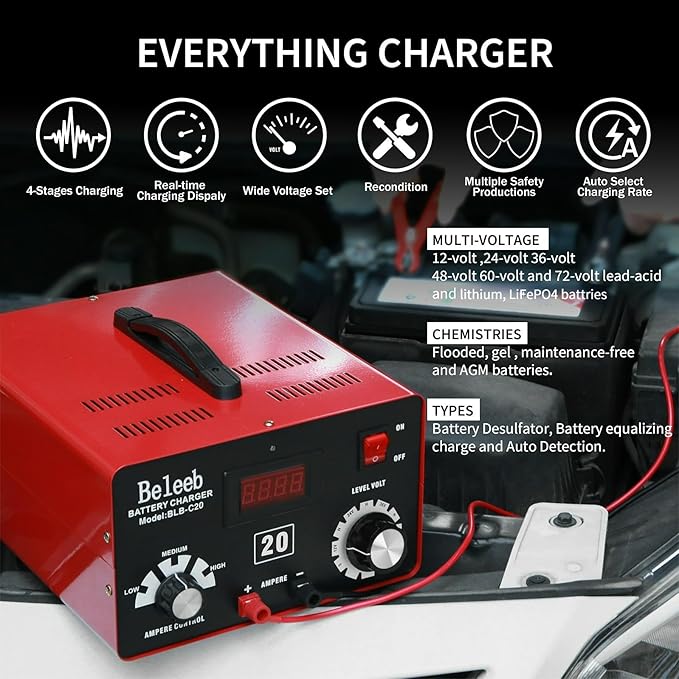 C20 Adjustable Battery Charger 12V 24V 36V 48V, 12A Pulses of High-Voltage Battery Desulfator Maintainer with Smart Chip for Lead-Acid LiFePO4 Lithium Batteries BLB-C20