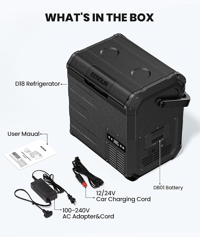 EENOUR D18 19Qt/18L 12V Car Refrigerator with Detachable Battery – Solar/AC/DC Powered Car Freezer, -4℉~50℉, Ultra-Quiet 12/24V Car Fridge for Camping, Road Trips, RV, Truck-Black
