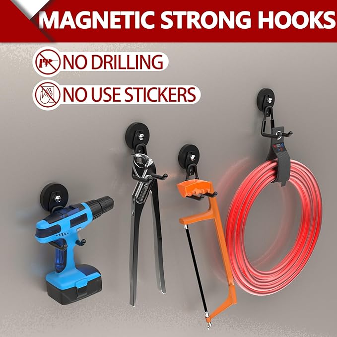 3-H Heavy Duty Magnet Garage Hooks 2 Pack, Large Strong Magnetic Hooks for Hanging Cordless Power Drill, Utility Magnetic Tool Holder for Metal Cabinet, Steel Pegboard, Toolbox, Garage(Black)