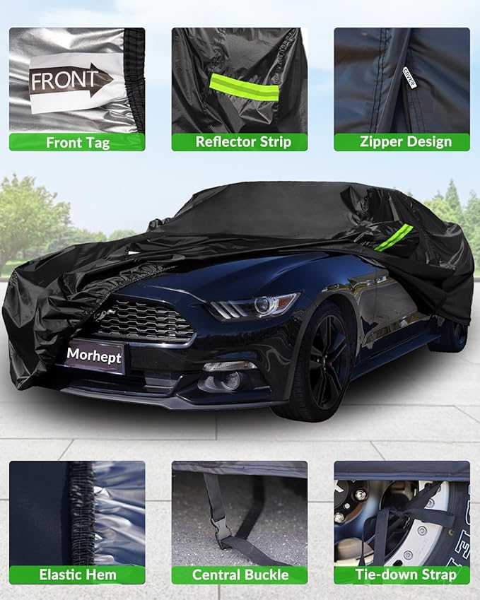 Car Cover Custom Fit for Ford Mustang 2005-2025, Waterproof All Weather GT Cover Outdoor Dustproof Shelby Coupe Cover with Door Zipper Black