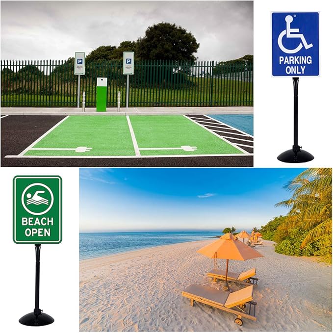 Heavy Duty Cast Iron Sign Post and Base Kit - 14" DIA Stand with 48" Post and Bolts & Nuts for Hanging Signs, Portable Sign Holder for Parking and Recreational Use