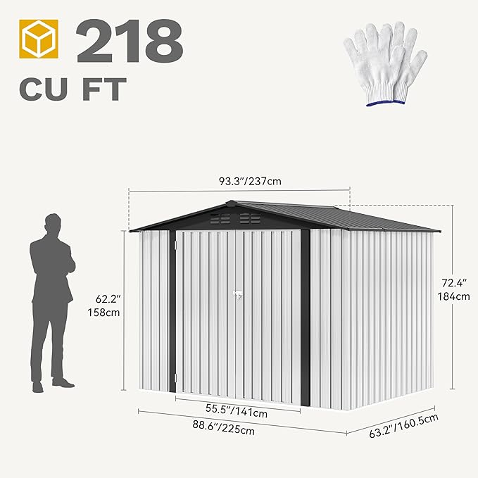 DWVO 8x6ft Metal Outdoor Storage Shed, Waterproof Tool Shed Heavy-Duty Storage Unit with Lockable Door and Vents, Ideal for Bicycles, Tools, Lawnmowers, Backyards, Patios, Lawns - White