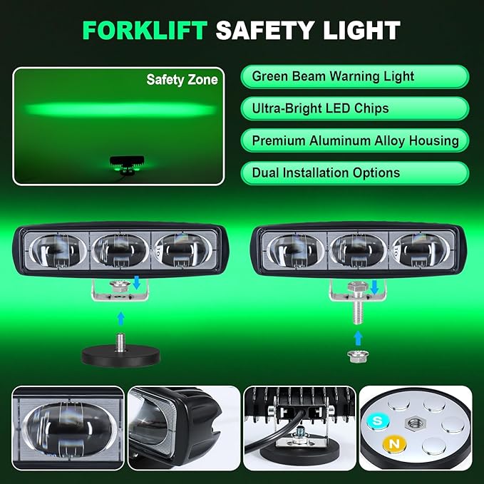 2Pcs Forklift Safety Light Green, 30W Straight Line Forklift and AGV Safety Indicator Warehouse Hazardous Area Warning Light for Warehouse and Industrial Use (DC 10-100V)