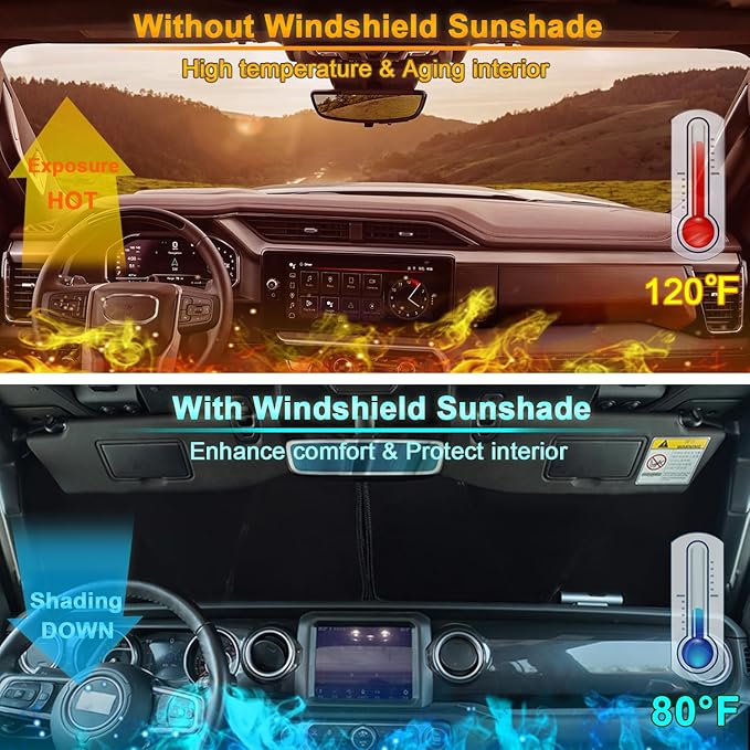 Premium Windshield Sun Shade for 2018-2025 Jeep Wrangler JL JLU & 2020-2025 Jeep Gladiator, Reflective 310T Material Front Window Sun Visor Blocks UV Rays Foldable Sunshade with Storage Pouch