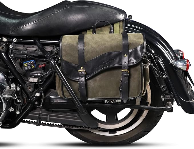 NICECNC Motorcycle Saddlebags Vintage Oil Waxed Canvas Leather, 30L Throw Over Saddle Bags Side Luggage Bags for Men Women Camping, Compatible with Harley, Honda, Suzuki, Yamaha, Adventure, Green