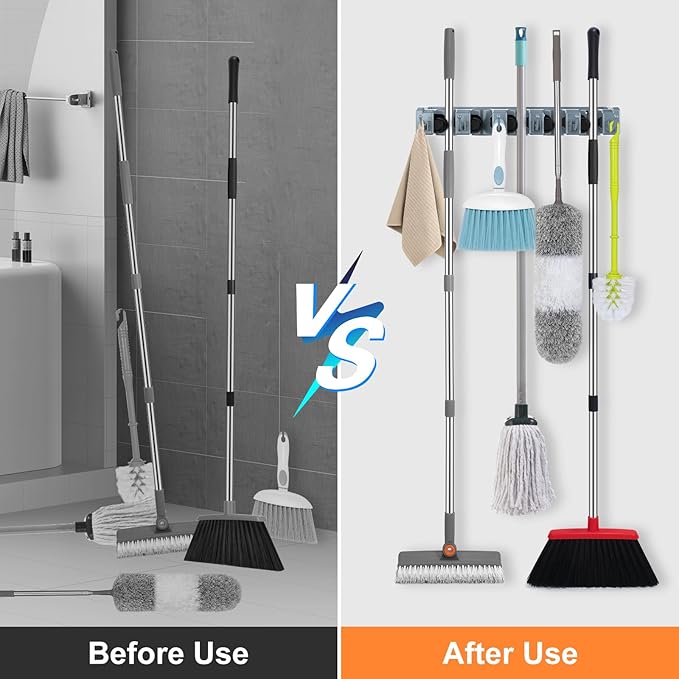 nacena Broom Holder Wall Mount, 2 Packs grey Wall Hanging Garden Tool & Utility Closet Organizer Mop & Broom Hook Wall Mounted Heavy Duty Broom and Mop Organizer Wall Hanging for Bathroom, garage