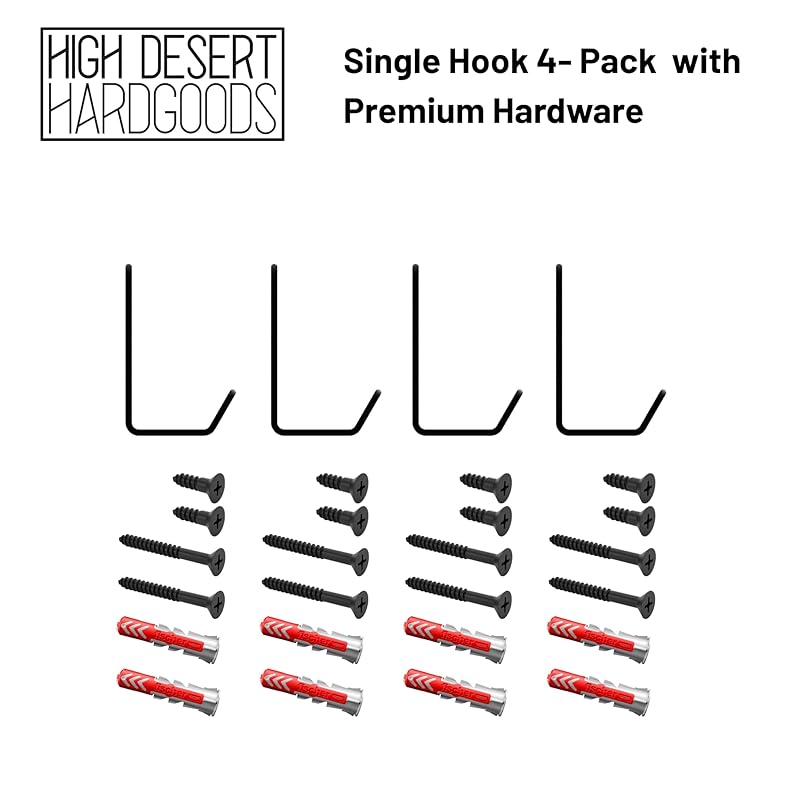Wall Hooks Single Hook 4-Pack - Made in USA - 50 lb Capacity Stel Coat Hooks, Powder Coated Metal Wall Mount Hooks for Entryway, Garage, Bathroom.
