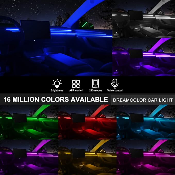 Acrylic Interior Car LED Strip Light with Wireless APP, RGB 6 in 1 with 175 inches 593 LEDs Fiber Optic Ambient Lighting Kits, 16 Million Colors Sound Active Function Car Neon Lights
