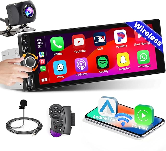Single Din Car Stereo with Apple Carplay Android Auto,6.9 Inch IPS Touch Screen Car Stereo with Backup Camera, Car Radio Support Mirror Link Bluetooth Handsfree FM/RDS Type-C/USB EQ SWC
