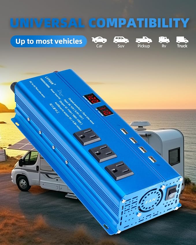 LVYUAN 1000 Watt Pure Sine Wave Inverter 12V to 110V 120V DC to AC with LED Display, 3 U.S. Outlet, USB Charger Ports, Car Power Inverter for Vehicles, RV, Outdoor, Home