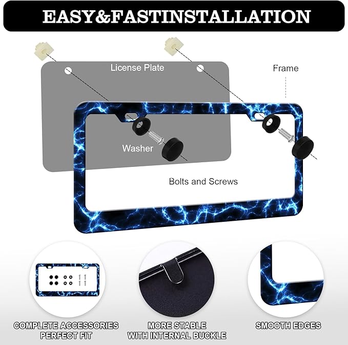 Blue Lightning License Plate Frames - 2 Pack Cool Thunder Stainless Steel License Plate Holder,Rust-Proof Waterproof Car Decorative Tag Frame with Screws Fasteners Caps