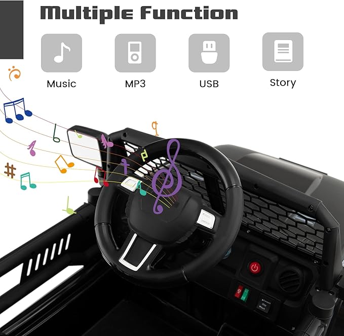OLAKIDS Kids Ride On Truck, 12V Electric Vehicle Jeep Car with Remote Control, Toddlers Battery Powered Toy with 2 Speeds, Spring Suspension, Double Open Doors, LED Lights, Music, TF, USB, Mp3 (Black)