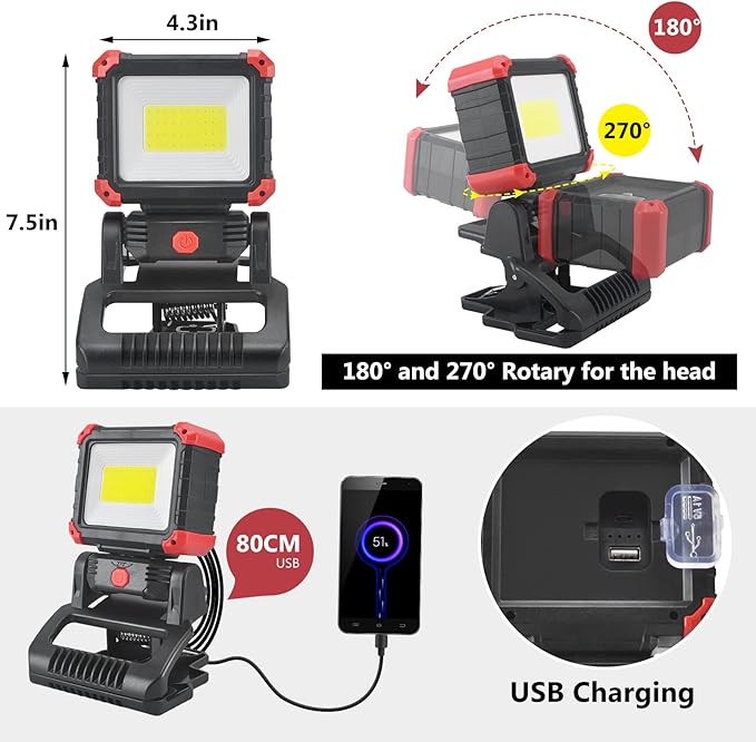 LED Rechargeable Work Light with Clamp, 2Pack 2100LM COB Magnetic Work Light with 3 Light Modes, 270° & 180° Rotation, Waterproof, Perfect for BBQ, Jobsite, Workshop, Car Repairing