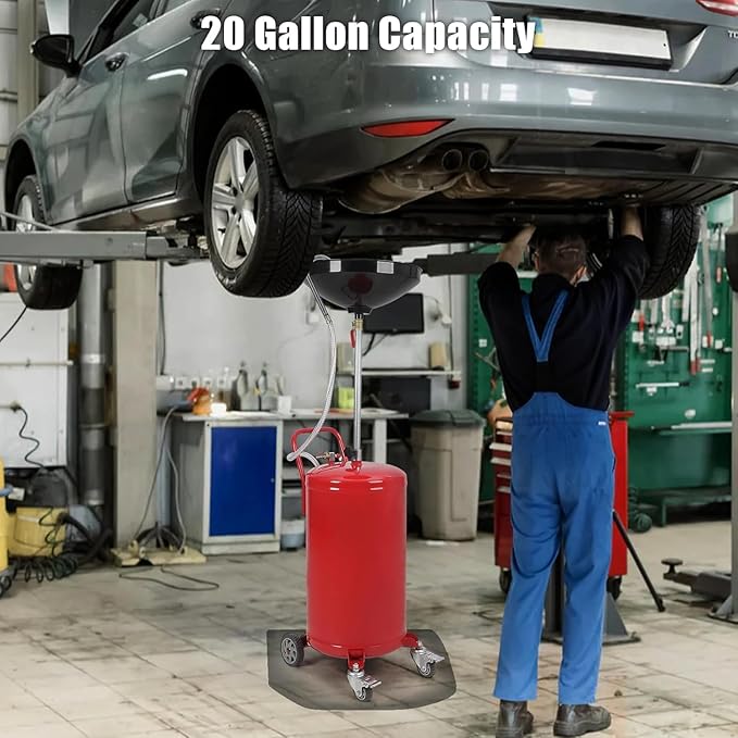 20-Gallon Waste Oil Drain Tank, Air Operated Portable Oil Drainer with Adjustable Funnel Height, Fluid Fuel Transfer Drainage with Wheels, Oil Change Container for Garages, Auto Repair Shops