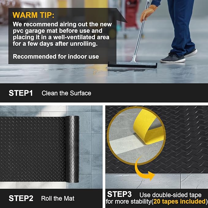7.5x25 FT Garage Floor Mat, 2.8mm Thickened Flooring Roll for Under Car with 20Pcs Tapes, 188SQFT Diamond Plate, Non-Slip Floor Protector Mat for Garage, Warehouse, Gyms, Trailer(Black)