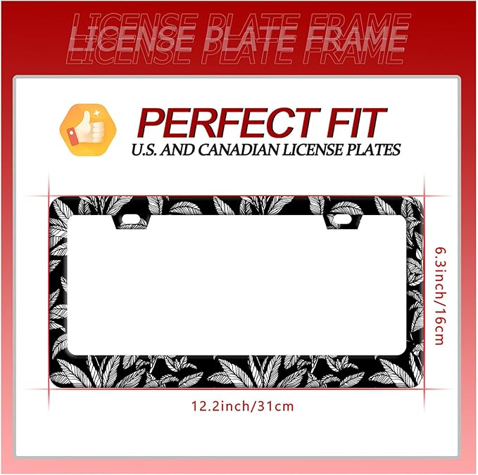 Black White Tropical Leaf License Plate Frame License Plate Stainless Steel Auto Parts License Plate Decorative with Screws Size 12.3" x 6.3" for Men Women