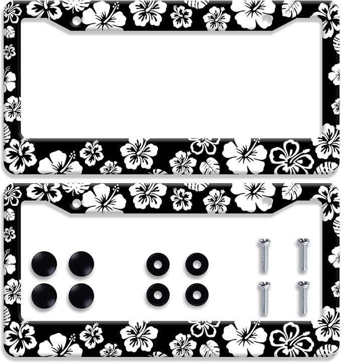 【2Pcs】 White Hibiscus Hawaii License Plate Frames Round Hole Personalise License Plate Frame Car Universal Accessories Stainless Steels Cars Decor Fits Standard US Vehicles Size: 12.2 x 6 Inches