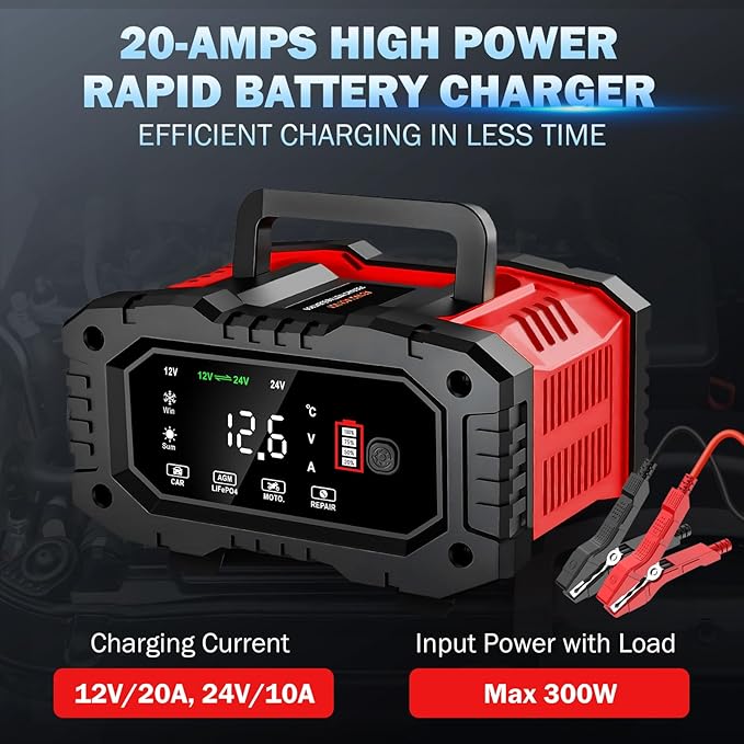 20-Amp Car Battery Charger, 12V/20A and 24V/10A LiFePO4,Lead-Acid(AGM/Gel/SLA) Automatic Smart Trickle Charger Maintainer,Desulfator, 300W Fast Charging for Automotive Truck Motorcycle Lawn Mower Boat
