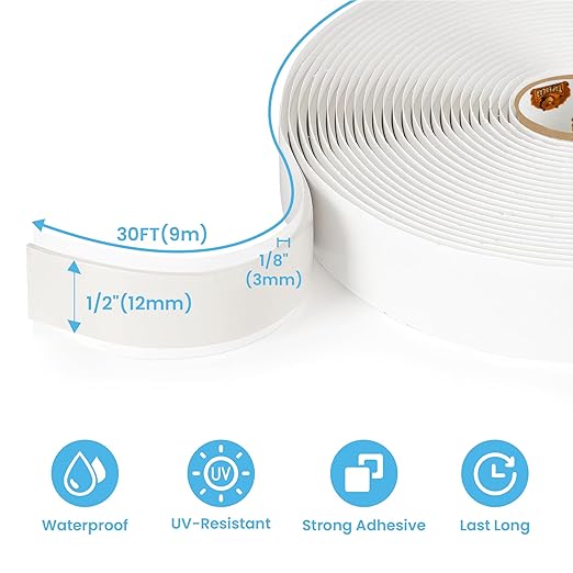 Butyl Tape White 1/2" x 30' x 1/8" RV Tape Sealant Waterproof, White Butyl Caulking Tape, Stretchable Butyl Sealant Tape Headlight Sealant Putty Tape EPDM Auto RV Window Sealant