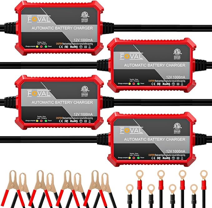 [4-Pack] FOVAL Fully Automatic Trickle Battery Charger, 1000mA 12V Smart Car Battery Charger, Battery Maintainer, Float Charger for Motorcycle Car Lawn Mower Boat ATV Cell Lead Acid Batteries