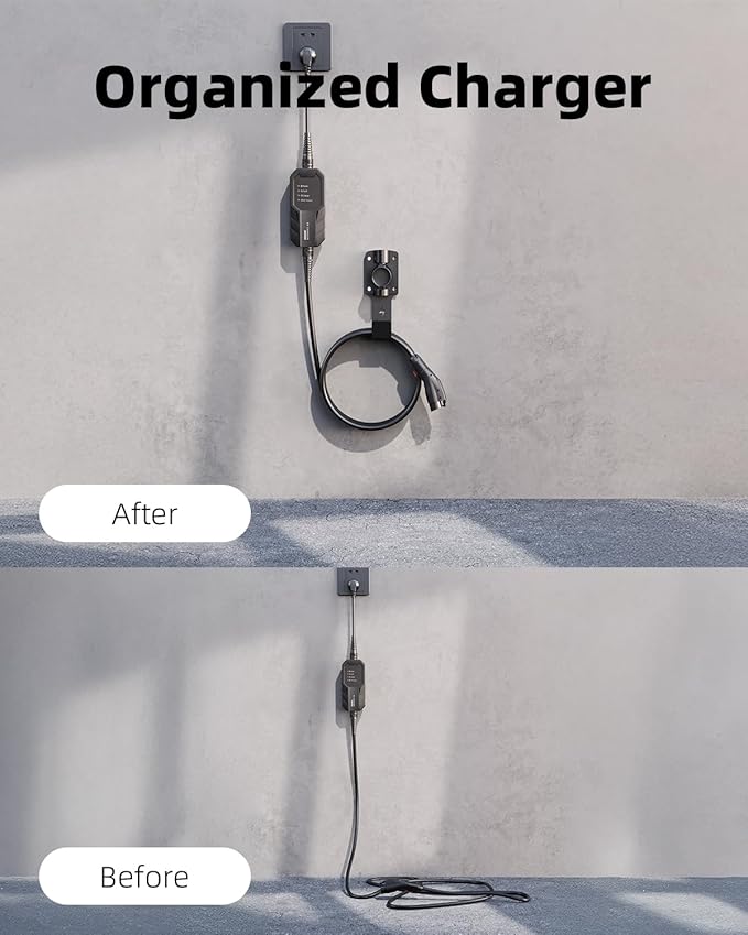 EV Charger Holder, with 180° Rotation Nozzle Dock, Metal J-Hook for SAE J1772 Charger Holder Organizer Wall-Mount Connector Electric Vehicle Charging Cable Car Accessories