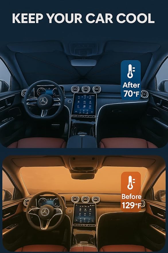 Proadsy Windshield Sun Shade Umbrella for Mercedes-Benz GLC 2023-2025 Foldable Car Umbrella Sunshade with Soft TPU Handle Spring Structure Crystal Cooling Material Protect Car from Rays & Heat