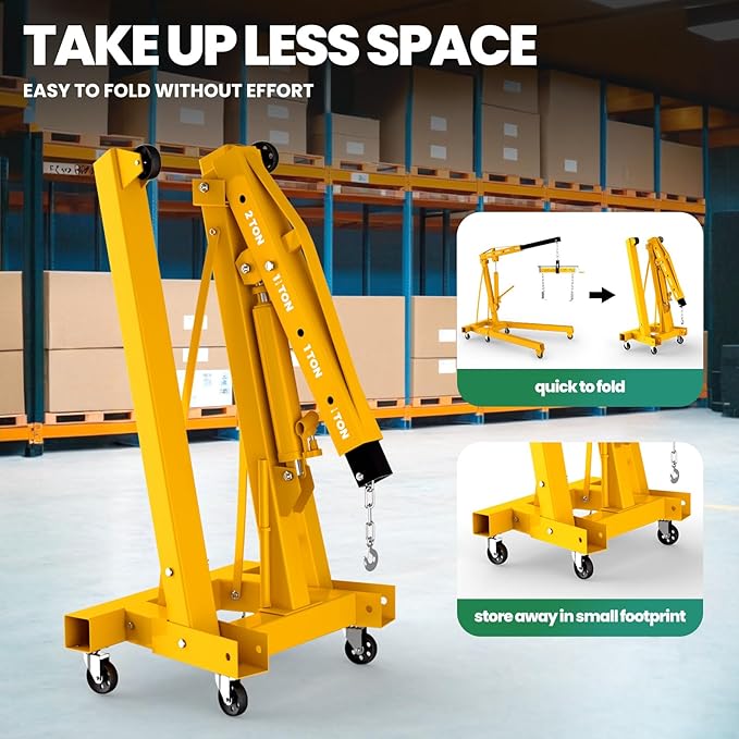 3 Ton Engine Hoist, Folding Hydraulic Cherry Picker Engine Lift, 6500LBS Alloy Steel Engine Crane with Lever, 6 Swivel Wheels and Engine Leveler, Garage Auto Repair Tools (2Ton Yellow)