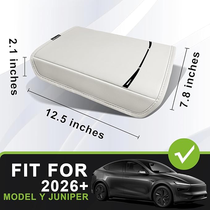 Muslogy Center Console Armrest Cover Compatible with Tesla Model Y Refresh 2026 Comfort Armrest Pad Arm Rest Cushion Vegan Leather Protector Regular Thick (25+ |Juniper| White, Regular)