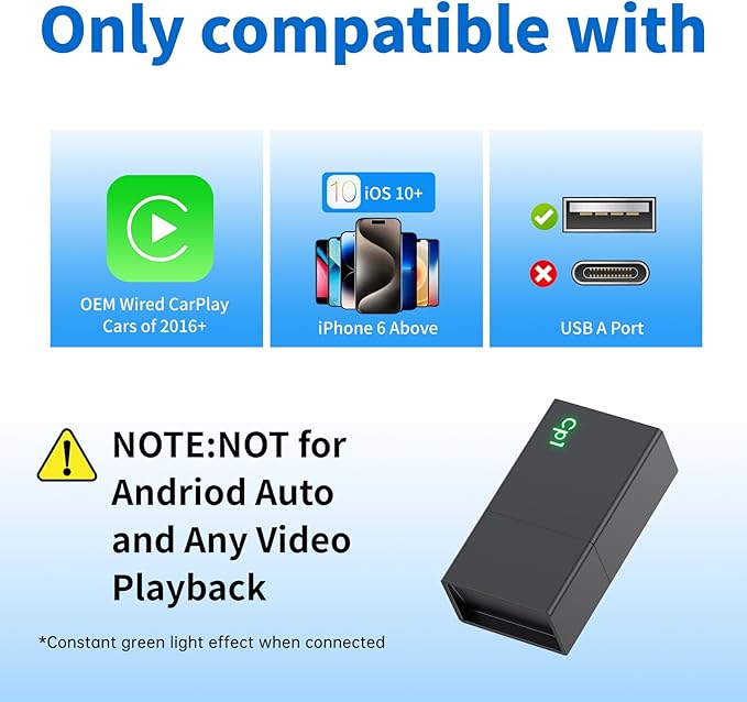 Wireless CarPlay Adapter for iPhone 2025 Upgrade,Ultra-Low Lag,Stable Connection,Mini Bluetooth Apple Car Play Adapter for iOS 10+ and Car from 2016+,USB A