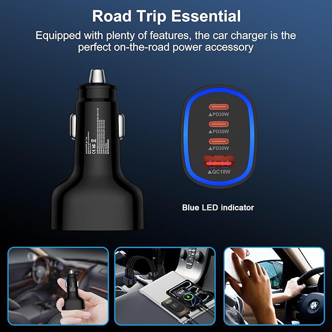 90W 4-Port Super Fast USB C Car Charger for Samsung Galaxy A17/A16/A56/A36/A15/A55/S25/S24/Ultra iPhone 16e/16 Pro Max Pixel 9a 9 Pro Android USB-C & USB-A Car Phone Charger Cigarette Lighter Adapter