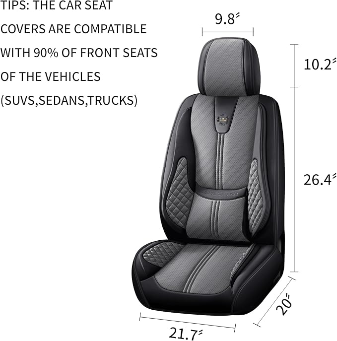 Car Seat Covers Full Set, Black Seat Cover for Cars Compatible Airbag, Easy Install Luxury Leather Automotive Seat Covers with Lumbar Support, for Car, Truck, SUV, Grey