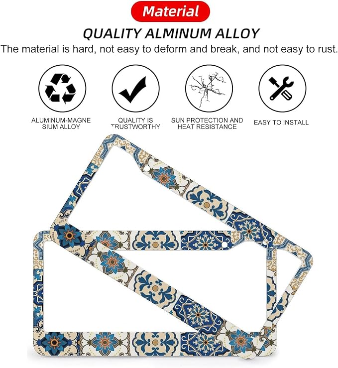 Boho Mexican Tile License Plate Frames - 2 Pcs Set 2 Holes Metal Aluminum Auto Car Accessories Decoration License Plate Frame 12.2 x 6.3 inch for Women Men Gift